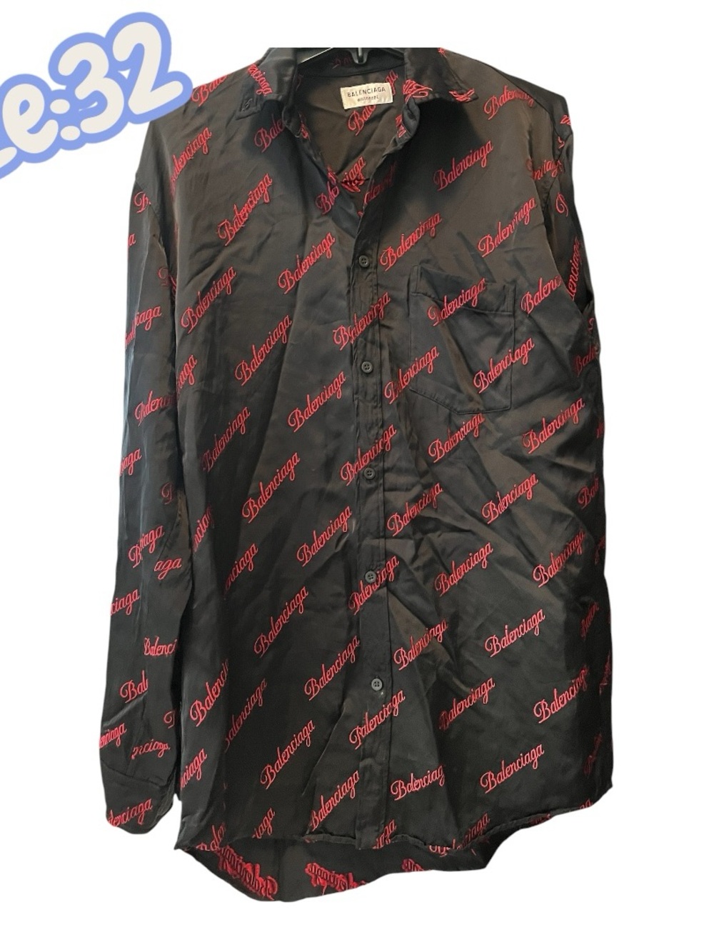 Balenciaga Wardrobe Oversized All-Over Script Logo Satin Shirt Black/Red Size 32